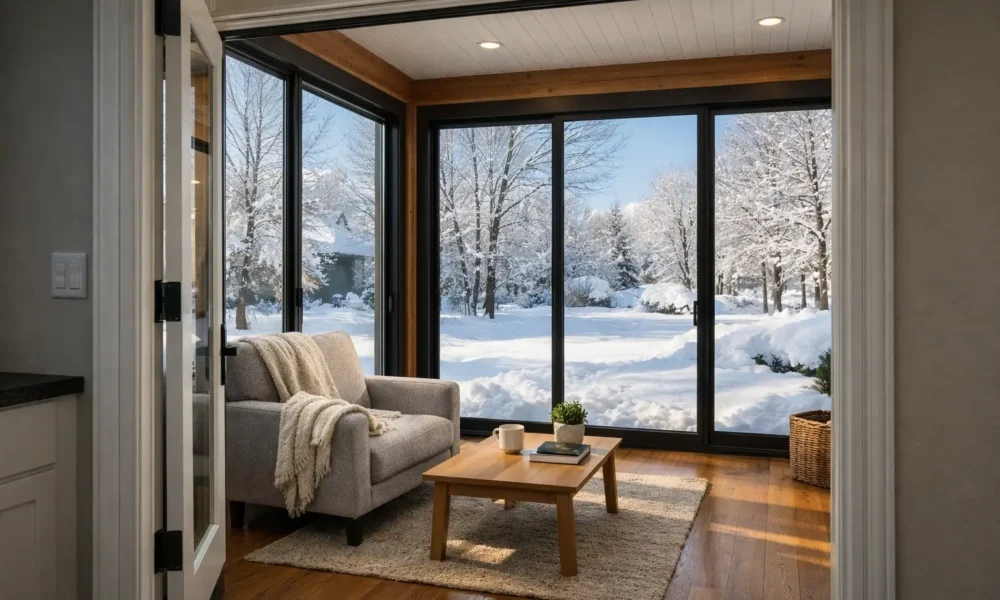 Insulated 4 season sunroom interior with black-framed windows, cozy chair, wood floor, and snow-covered backyard in winter.