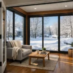 Insulated 4 season sunroom interior with black-framed windows, cozy chair, wood floor, and snow-covered backyard in winter.