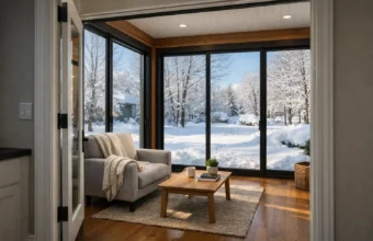Insulated 4 season sunroom interior with black-framed windows, cozy chair, wood floor, and snow-covered backyard in winter.