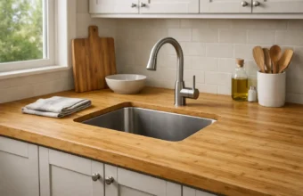 Bamboo kitchen countertop with undermount stainless steel sink in a white modern kitchen