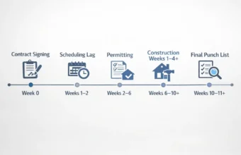 Bathroom remodel timeline infographic showing contract signing, scheduling lag, permitting, construction, and final punch list from week 0 to week 11+.