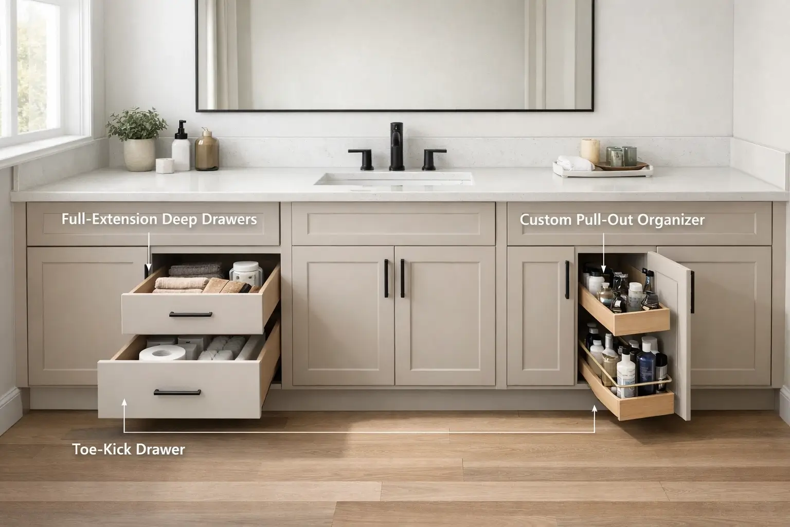 Built-in bathroom vanity with deep storage drawers, toe-kick drawer, and custom pull-out organizer beside a centered sink.