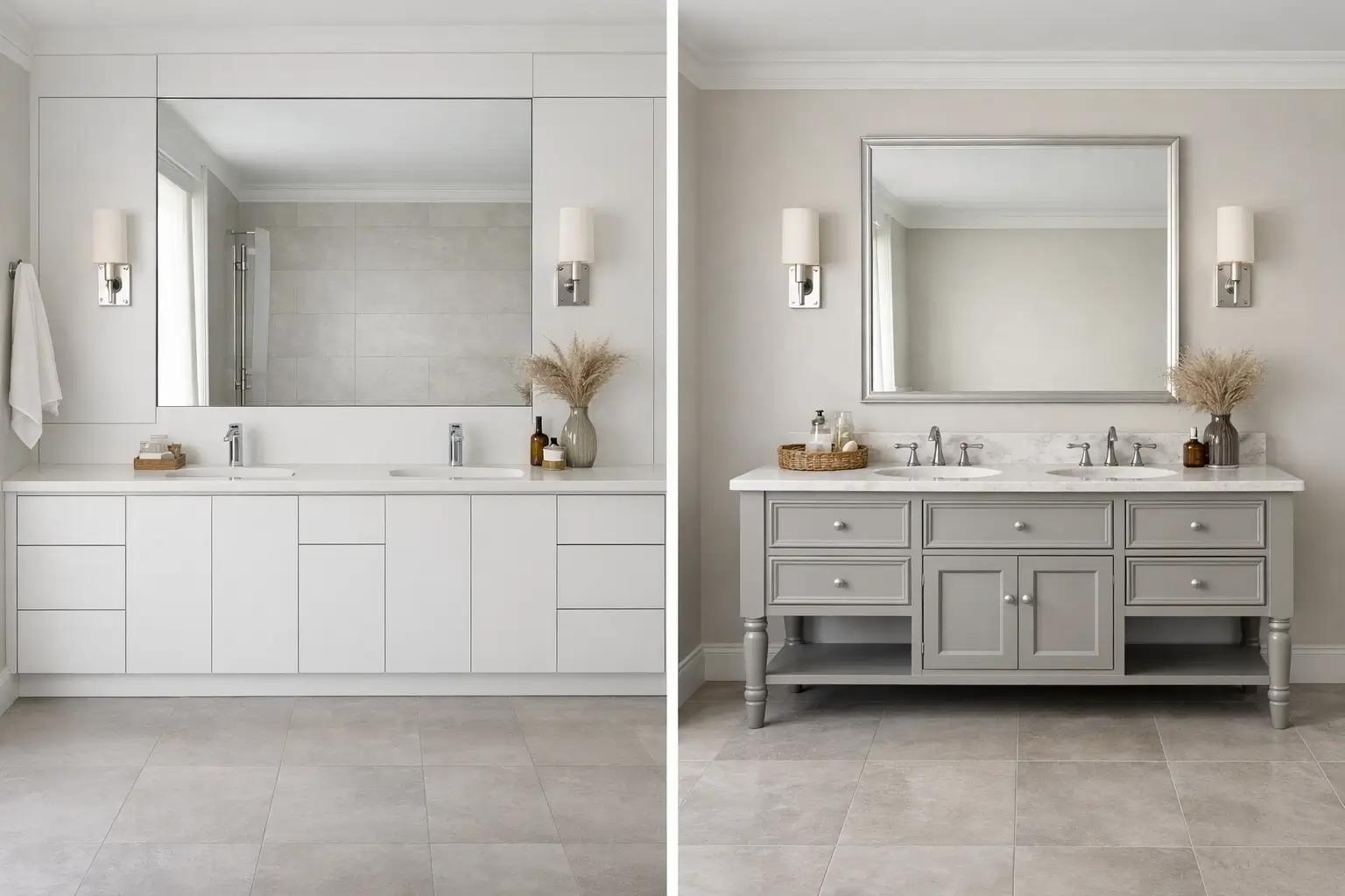 Side-by-side comparison of a built-in bathroom vanity and a freestanding double-sink vanity in a modern neutral bathroom.