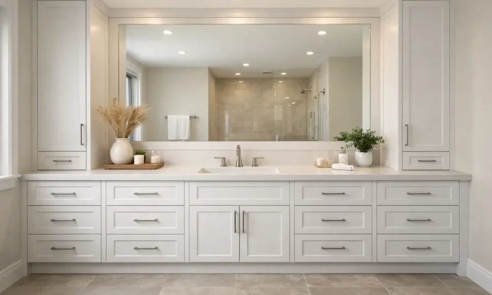 Built-in bathroom vanity with white shaker cabinets, center sink, tall side storage, and large mirror in a modern neutral bathroom