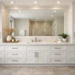 Built-in bathroom vanity with white shaker cabinets, center sink, tall side storage, and large mirror in a modern neutral bathroom