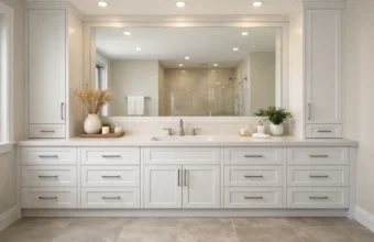 Built-in bathroom vanity with white shaker cabinets, center sink, tall side storage, and large mirror in a modern neutral bathroom