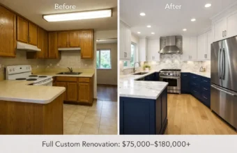 Before-and-after kitchen remodel showing outdated oak cabinets transformed into a custom renovation with white upper cabinets, navy base cabinets, marble-look countertops, and stainless steel appliances.