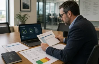 IT manager reviewing a cybersecurity provider RFP scoring matrix beside a security dashboard and compliance documents.