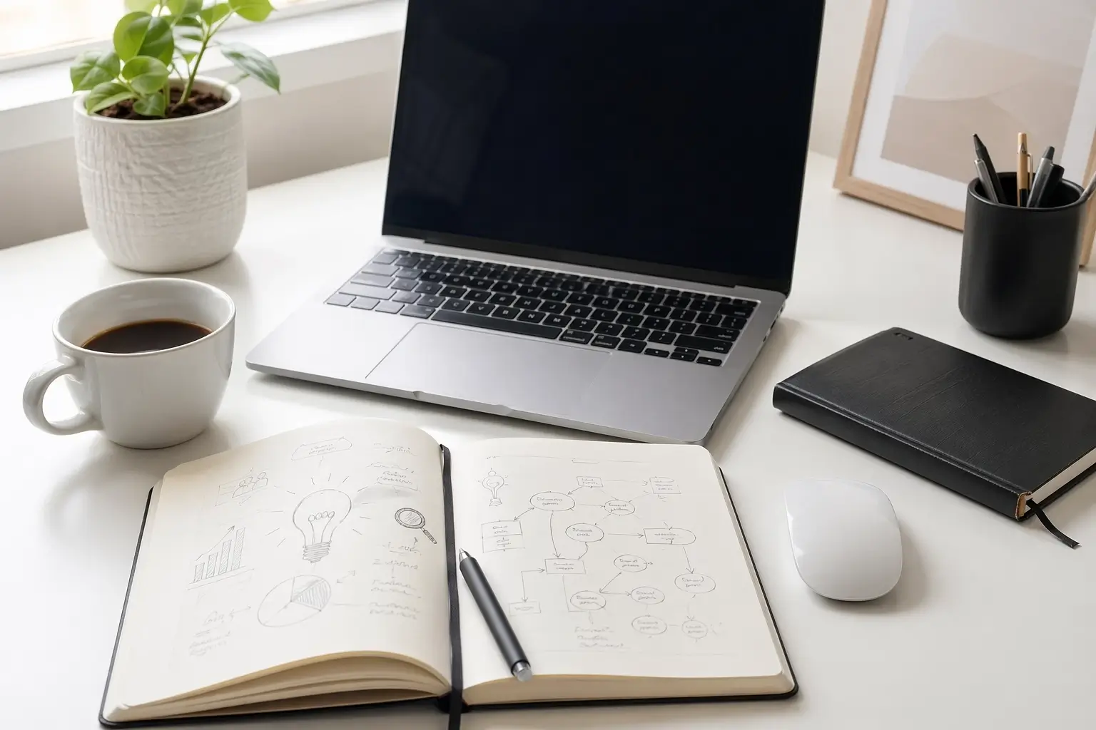 Minimal white desk workspace with laptop, open notebook sketches, coffee cup, plant, mouse, and pen holder for digital business planning.
