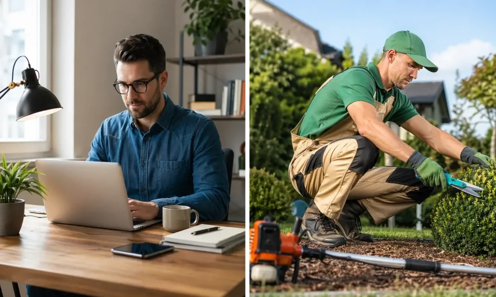 Split-screen image showing a man working on a laptop at a home desk beside a landscaper trimming bushes outdoors, comparing digital and local business models.
