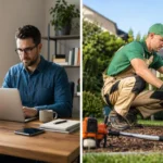 Split-screen image showing a man working on a laptop at a home desk beside a landscaper trimming bushes outdoors, comparing digital and local business models.