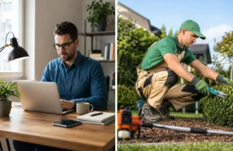 Split-screen image showing a man working on a laptop at a home desk beside a landscaper trimming bushes outdoors, comparing digital and local business models.