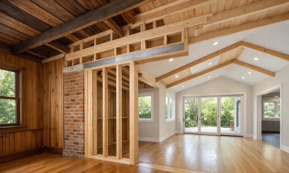 Framing at the connection point between an original wood-paneled house and a new room addition with a vaulted ceiling and exposed beams.