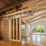 Framing at the connection point between an original wood-paneled house and a new room addition with a vaulted ceiling and exposed beams.