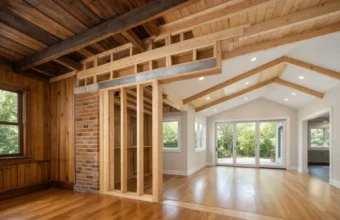 Framing at the connection point between an original wood-paneled house and a new room addition with a vaulted ceiling and exposed beams.