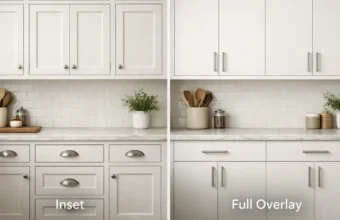 Inset vs full overlay kitchen cabinets in a white kitchen comparison
