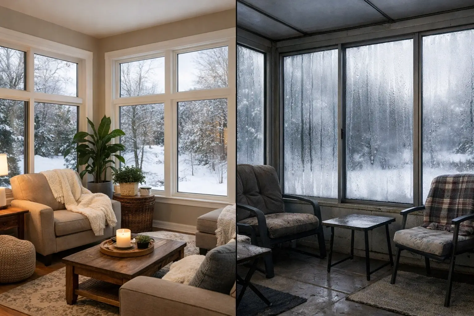 Side-by-side winter comparison of an insulated 4-season sunroom and an aluminum-frame sunroom with heavy window condensation.