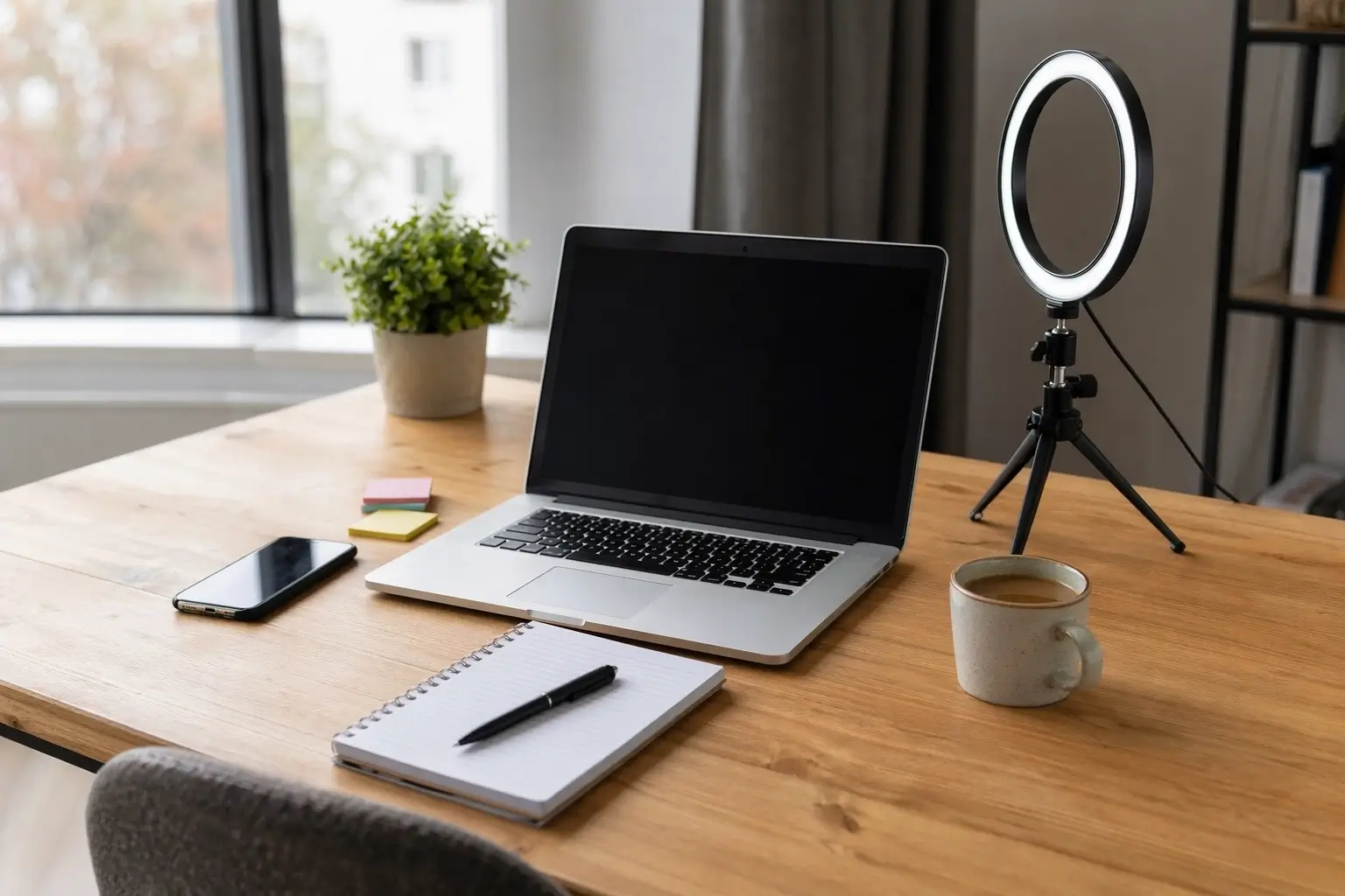 Minimal home office desk setup with a laptop, ring light, notebook, phone, coffee cup, and plant on a wooden table.