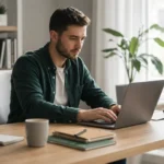 Man working on a laptop at a clean home office desk with natural light and indoor plants.