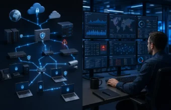Managed cybersecurity network diagram with security analyst monitoring threats on dashboard screens