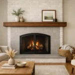 Modern fireplace renovation with white painted brick, gray tile surround, black fireplace doors, and a rustic wood mantel