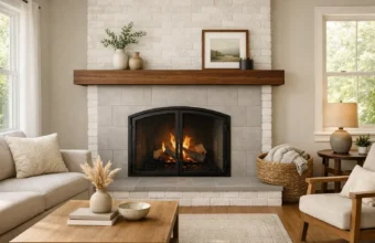 Modern fireplace renovation with white painted brick, gray tile surround, black fireplace doors, and a rustic wood mantel