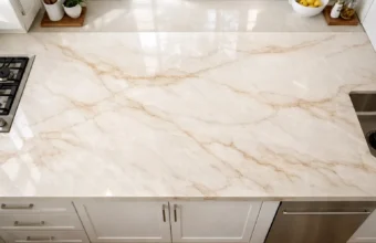 Top-down view of a polished kitchen countertop with warm cream veining beside a sink and cooktop.