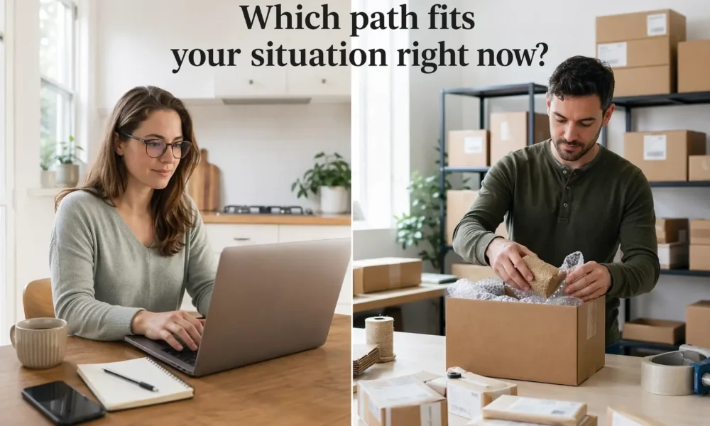 Split-screen image comparing a service business owner working on a laptop with a product business owner packing customer orders.