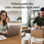 Split-screen image comparing a service business owner working on a laptop with a product business owner packing customer orders.