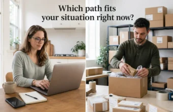 Split-screen image comparing a service business owner working on a laptop with a product business owner packing customer orders.