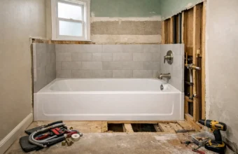 Shower to bathtub conversion in progress with a newly installed alcove tub, partial wall tile, exposed plumbing, and open subfloor in a bathroom remodel.