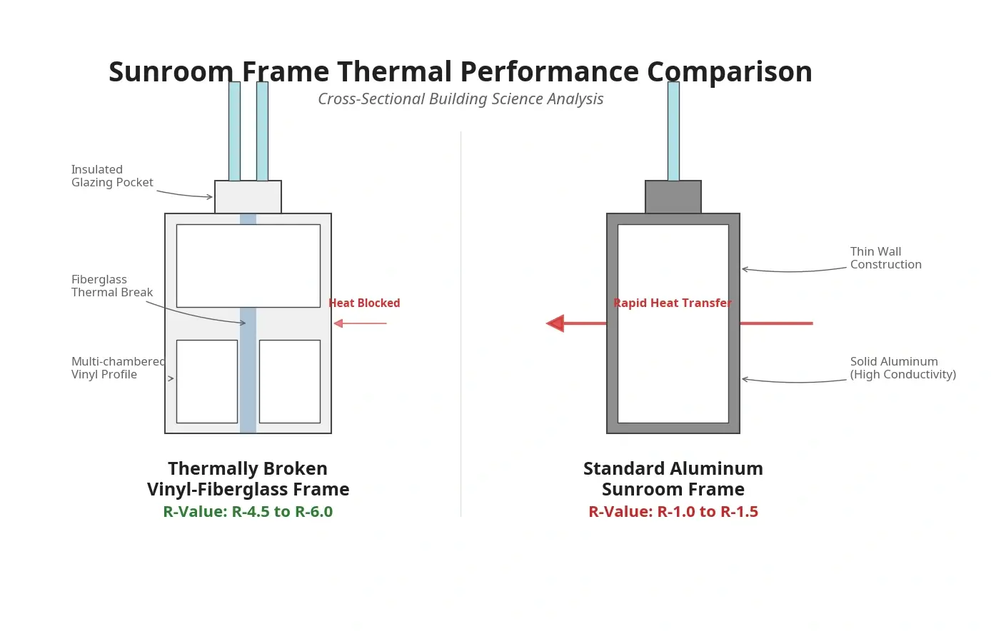 Cross-sectional diagram comparing thermally broken vinyl-fiberglass and standard aluminum sunroom frames with R-values and heat transfer labels.