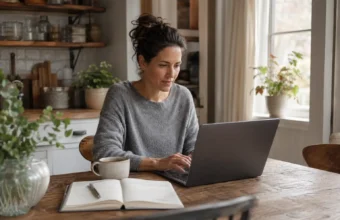 Woman working from home on a laptop at a kitchen table with a planner and coffee.
