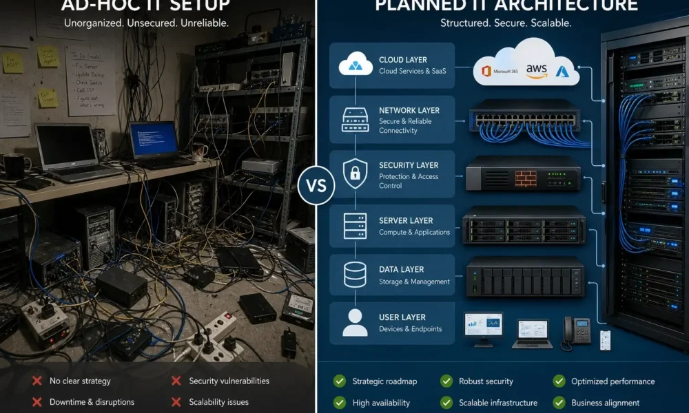 Ad-hoc IT setup compared with planned IT architecture showing cloud, network, security, server, data, and user layers