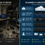 Ad-hoc IT setup compared with planned IT architecture showing cloud, network, security, server, data, and user layers