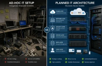 Ad-hoc IT setup compared with planned IT architecture showing cloud, network, security, server, data, and user layers