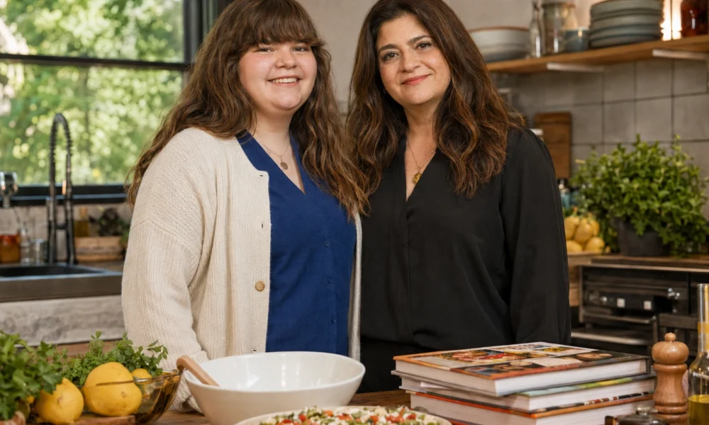Alex Guarnaschelli's daughter Ava Clark smiling with her mother in a kitchen
