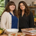 Alex Guarnaschelli's daughter Ava Clark smiling with her mother in a kitchen