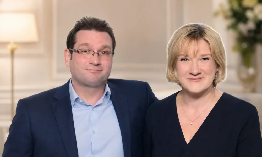 Man and woman seated together in a formal portrait for an article about Andrew Millican and Sarah Millican’s former marriage.