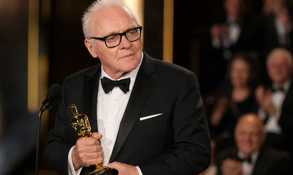Anthony Hopkins holding an Oscar at an awards ceremony for an article about his net worth
