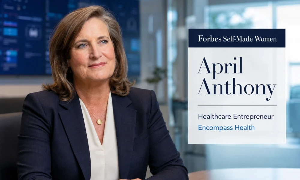 April Anthony in executive boardroom setting with Forbes self-made women healthcare entrepreneur graphic