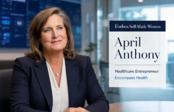 April Anthony in executive boardroom setting with Forbes self-made women healthcare entrepreneur graphic
