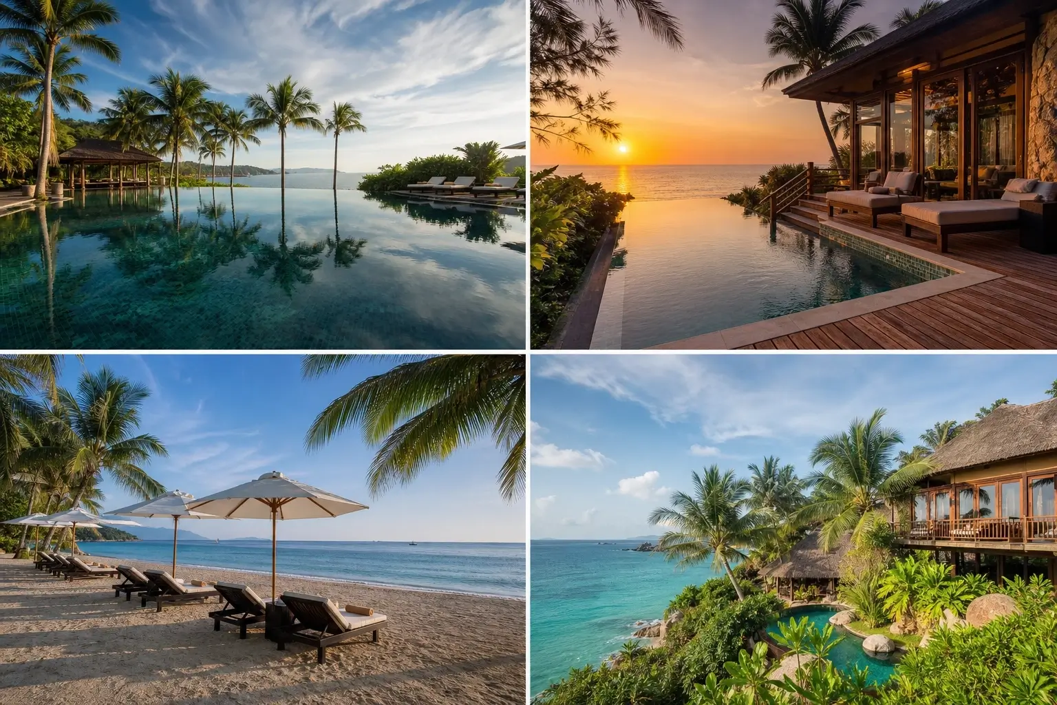Luxury beach resort in Vietnam with infinity pool, ocean-view villas, palm trees and coastal mountain scenery