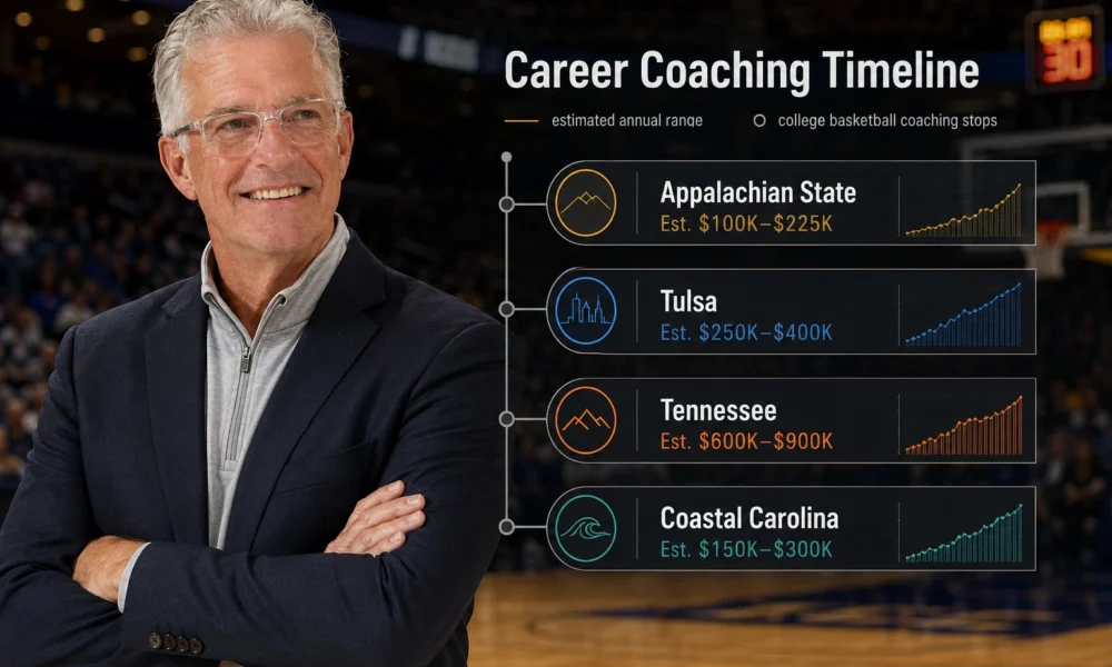 Buzz Peterson coaching career timeline graphic with estimated salary ranges for Appalachian State, Tulsa, Tennessee, and Coastal Carolina
