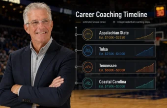 Buzz Peterson coaching career timeline graphic with estimated salary ranges for Appalachian State, Tulsa, Tennessee, and Coastal Carolina