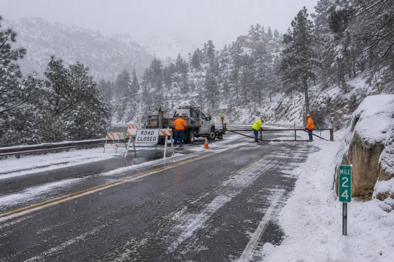 Road closed sign and road crew on snowy Catalina Highway near Mile 24 on Mount Lemmon.