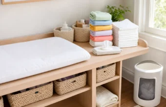 Organized nursery changing station with folded cloth diapers, wipes, baskets, changing pad, and diaper pail