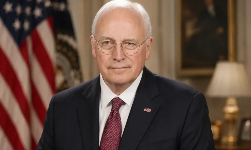 Dick Cheney official portrait in a formal suit with an American flag and White House-style background