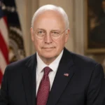 Dick Cheney official portrait in a formal suit with an American flag and White House-style background