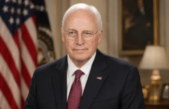 Dick Cheney official portrait in a formal suit with an American flag and White House-style background